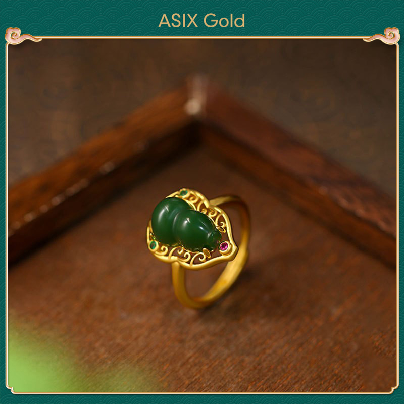 ASIX GOLD Adjustable Jade Gourd Ring Women Chinese Chic 24K Gold Plated Minimalist Fashion Jewelry