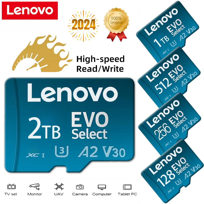 เมมโมรี่การ์ด MicroSD การ์ดความจำแท้ อุปกรณ์จัดเก็บข้อมูล และไดรฟ์ Lenovo 128GB-2TB SD Micro TF 4K กล้องความเร็วสูงโทรศัพท์ Android แท็บเล็ต Drone Travel เกมเก็บ