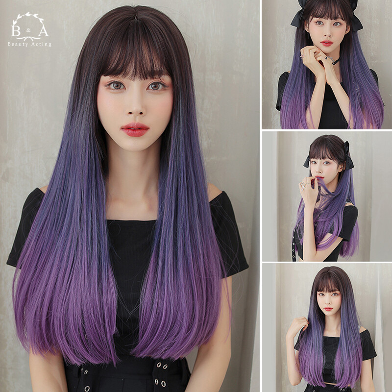Gambar Purple Gradient Color Straight Wig 65cm Seamless Full Wig Clip free Long 65cm Purple Gradient Color Straight Wig Purple Gradient Color Straight Seamless Full Clip free Long Seamless Full Wig Clip free Long Chemical Fiber Hair Extension with Bangs