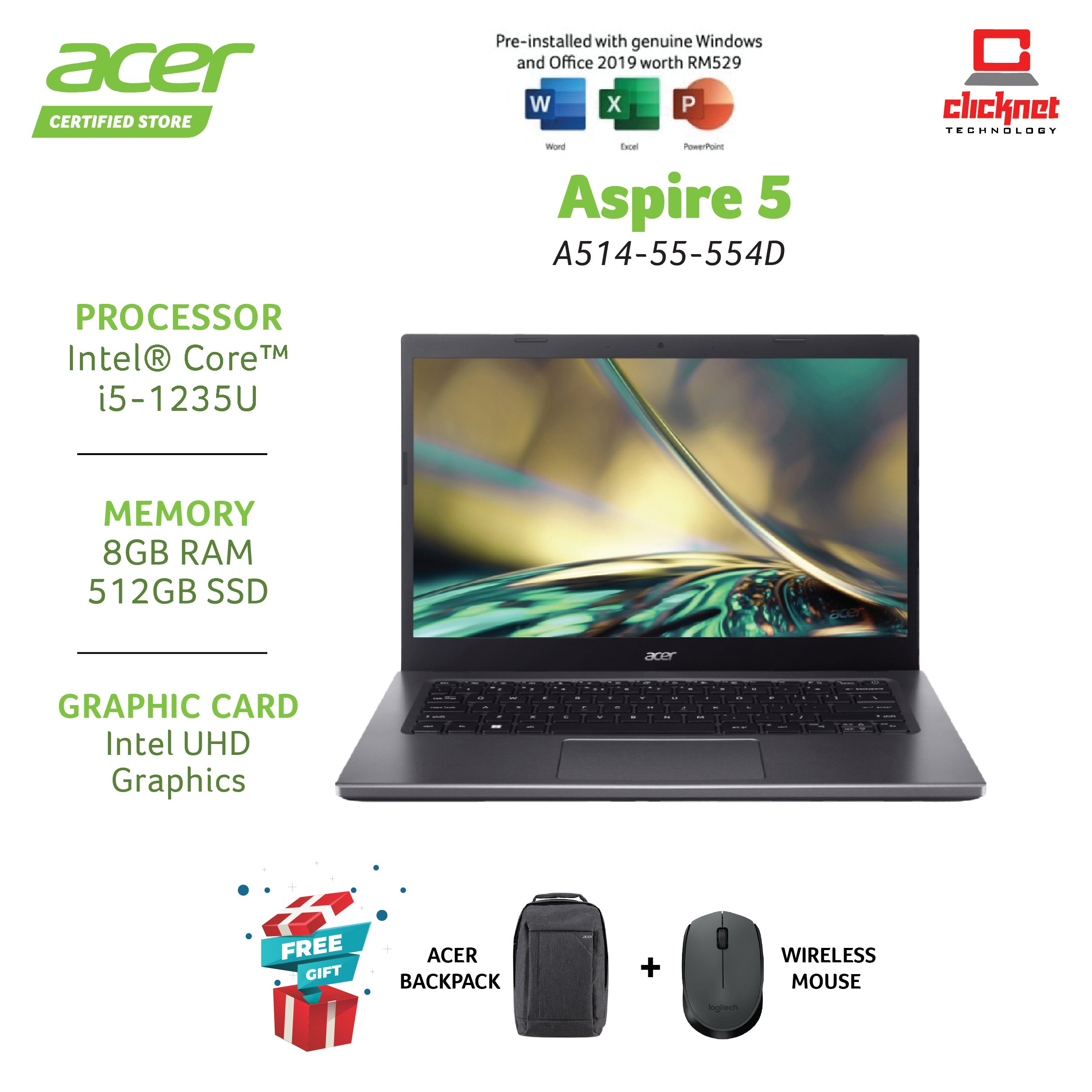 ACER ASPIRE 5 A514-55-554D (I5-1235U, 8GB, 512GB SSD, 14.0'' FHD, INTEL, BLUE-W11, H&amp;S)