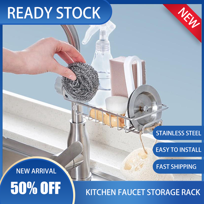 Gambar Stainless Steel Sink Hanging Storage Rack Faucet Holder Kitchen Drainage Shelf Sponge Organizer Bathroom Kitchen Dishcloth Clip