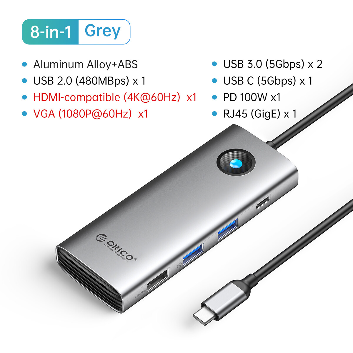 ORICO USB Hub trạm nối Loại C HUB để 4K60hz HDMI-USB tương thích 3.0 Adapter RJ45 pd100w phí cho phụ