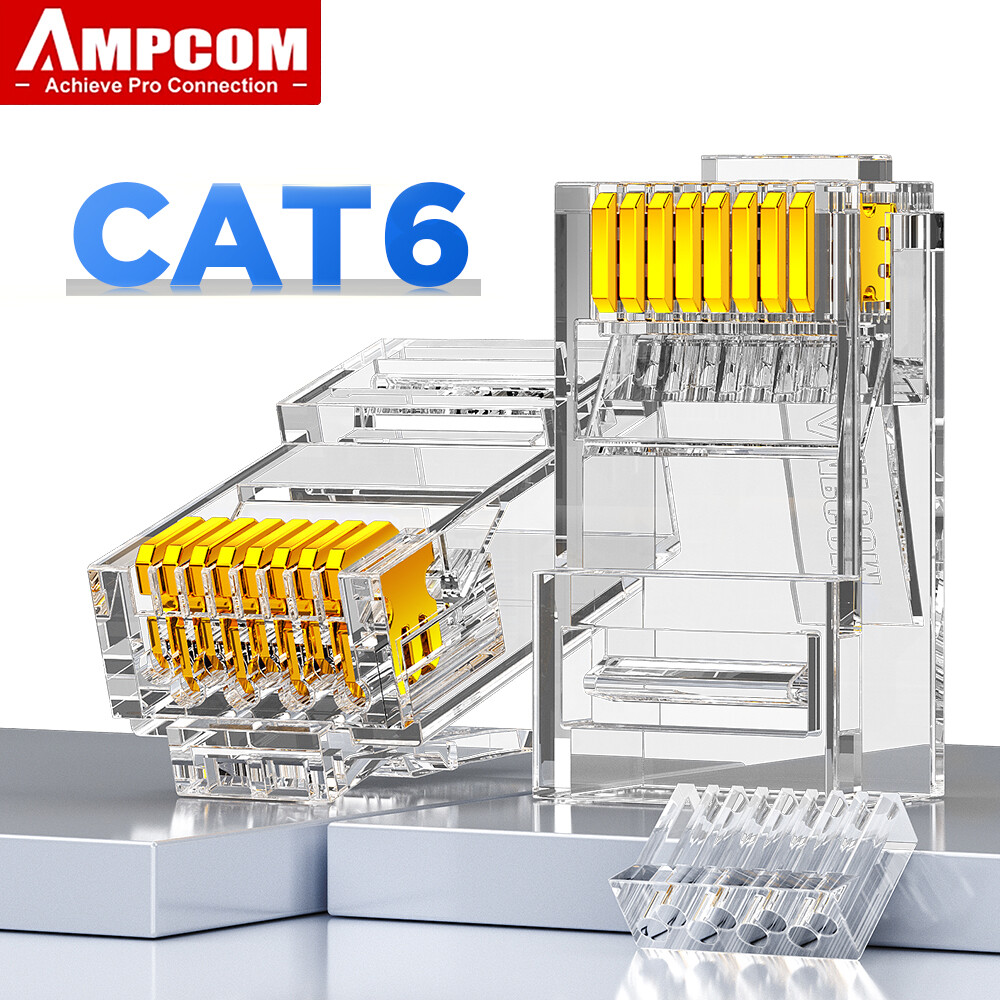 AMPCOM CAT6 RJ45 Modular Plug Connector: UTP 50μ Gold-Plated Split-Type 8P8C Crimp End for Ethernet 