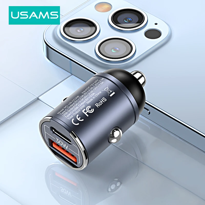 Usams pd30w sạc điện dùng trên xe hơi USB + Loại C PD sạc nhanh sạc cho bộ sạc điện thoại xe trên ô tô cho iPhone 15 14 13 Pro Max xaiomi Samsung