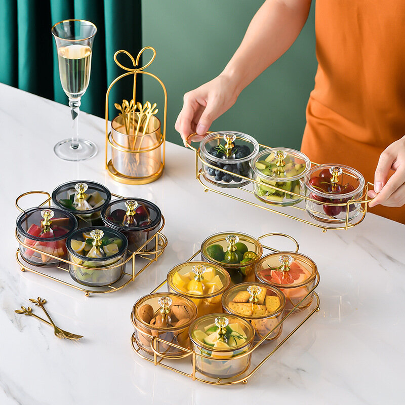 Gambar Nordic Glass Fruit Plate Living Room Light Luxury Creative Round Dried Fruit Plate Snack Plate Grid Plate with Lid