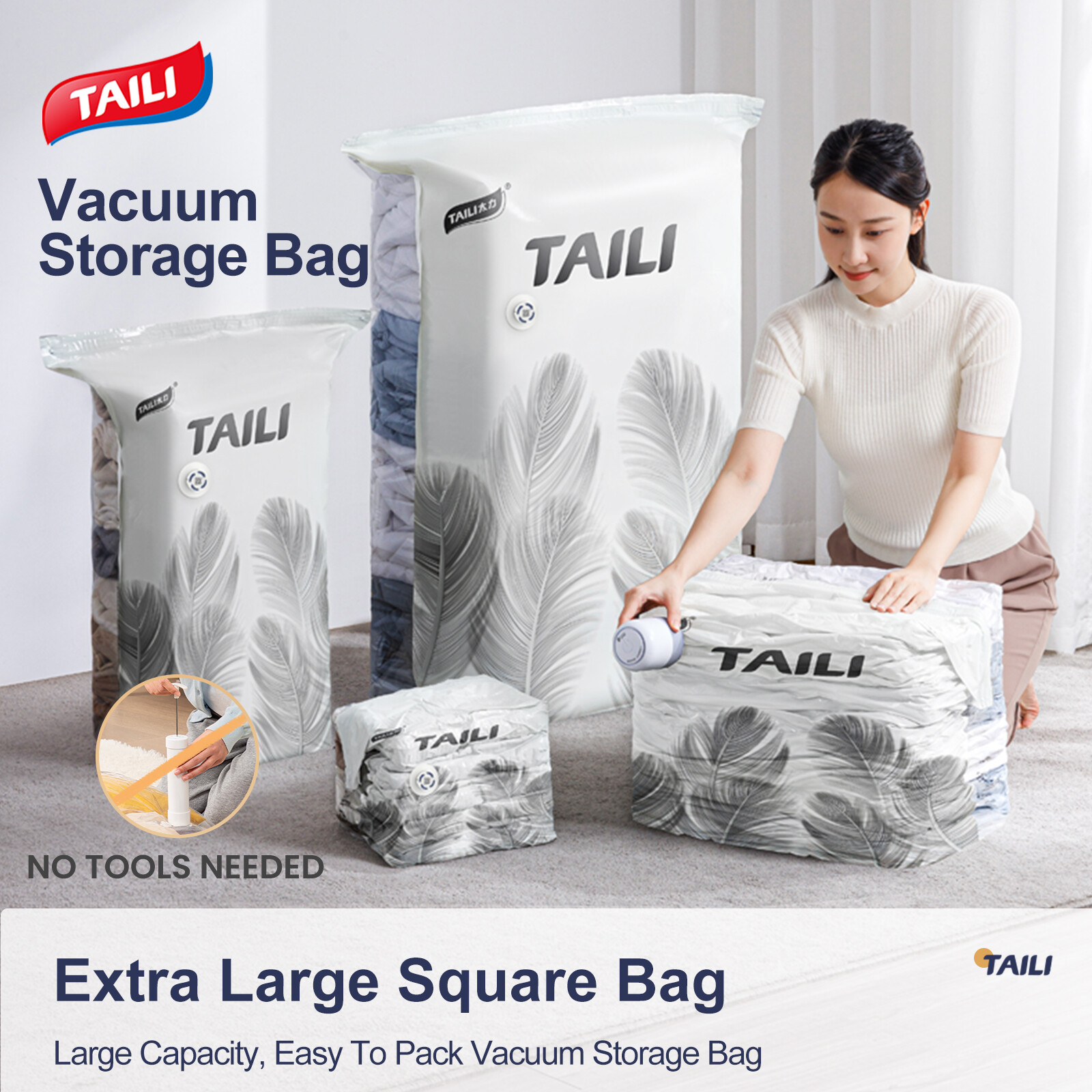 TAILI Compression Bags Set Vacuum Bags for Clothes Comforter Luggage no need pump Storage Bags Travel Camping Storage Closet Waterproof Reusable Storage Bags Vacuum Compressed ราคา 45 บาท*ส่งฟรี