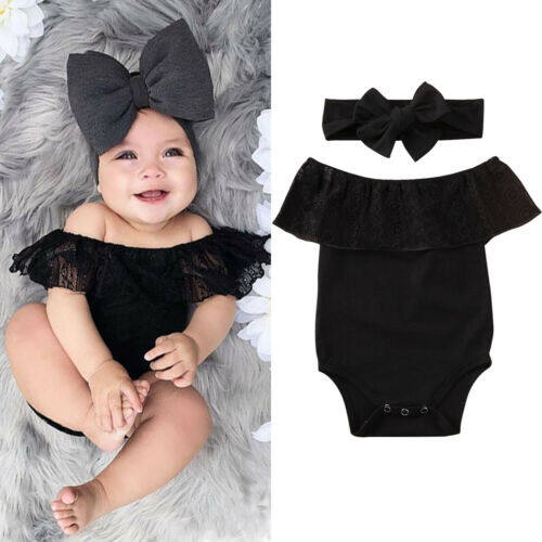 2 Bộ áo liền quần bé gái sơ sinh Trang phục quần áo ren Bộ áo liền quần trễ vai + Bộ băng đô nơ