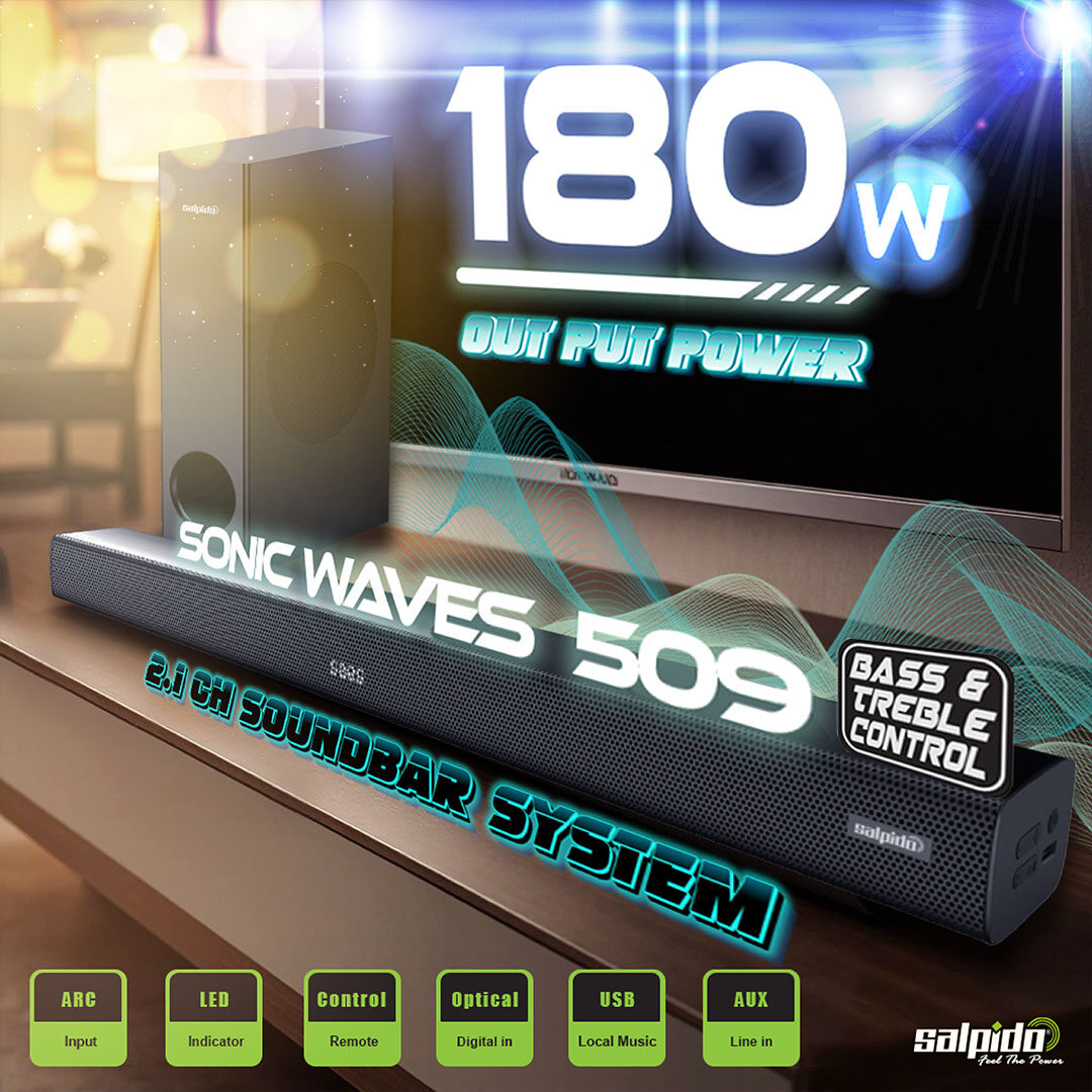 Salpido Sonic Waves 509 SoundBar | Bluetooth 5.3 | TV Sound System | 180 Watts | 1 Year Warranty  | 2.1 channel Soundbar