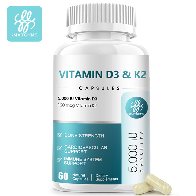 Viên nang iMATCHME Vitamin D3 K2 3600mg Bao gồm 5.000 IU Vitamin D3, 120 mcg MK7 Vitamin K2 cho xương và răng chắc khỏe Sức khỏe tim mạch và hỗ trợ miễn dịch