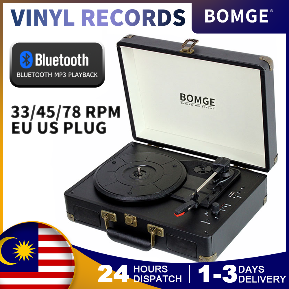 BOMGE BMG1603 Vinyl Record Player Luxury Portable Luggage Bluetooth Suitcase Portable Record Belt-Driven with Built-in Speakers RCA Line Out AUX in Headphone Harga 161 Ringgit*Penghantaran Percuma