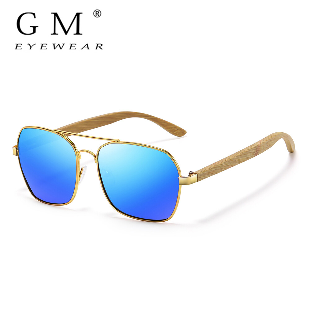 G M Men's and women's Polarized sunglasses, hand-made, natural bamboo, metal square frame, blue lenses UV400 C2234 ราคา 251 บาท*ส่งฟรี