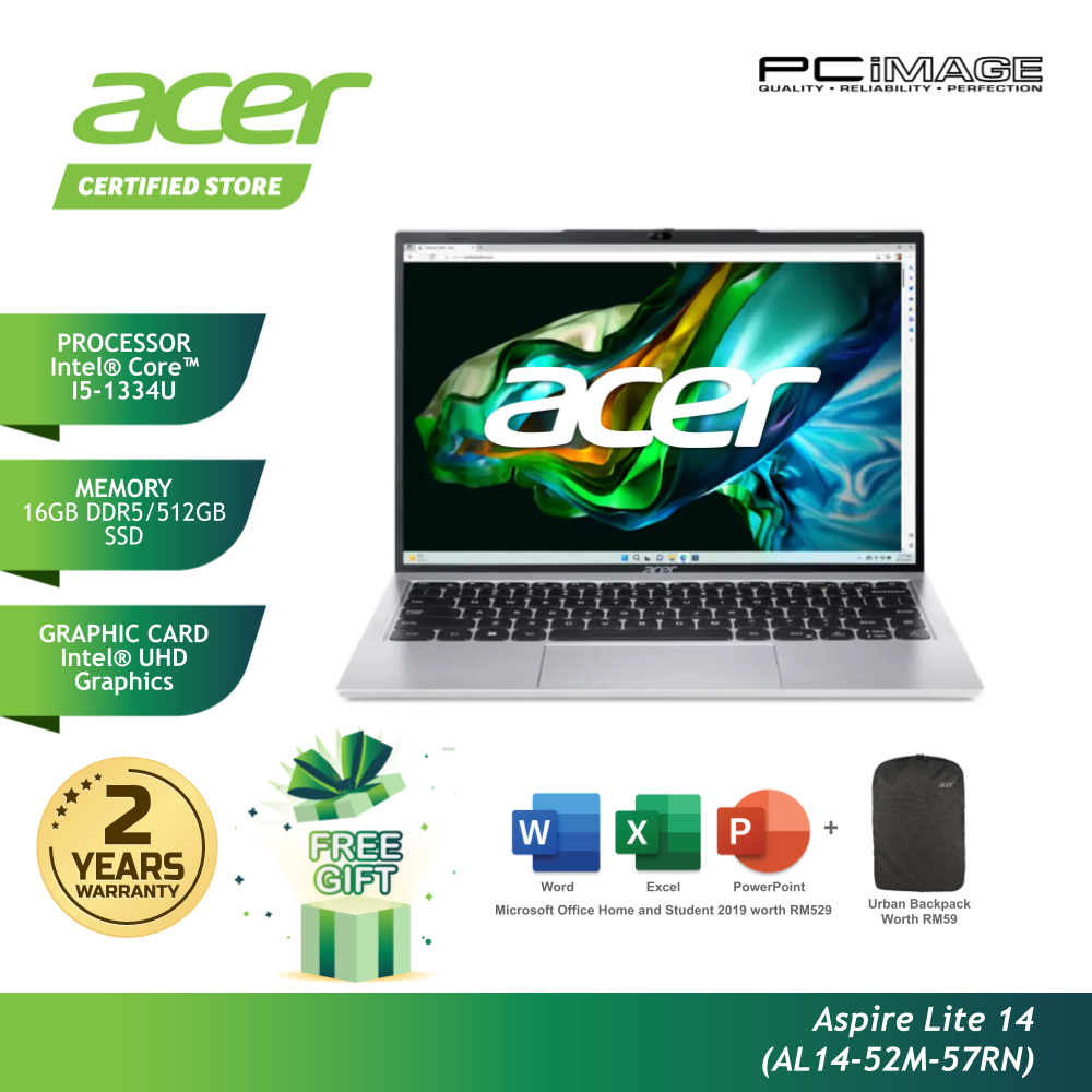 ACER ASPIRE LITE 14 AL14-52M-57RN I5-1334U/16GB DDR5/512GB SSD/UHD/14" WUXGA IPS/HNS/2YW/PURE SILVER FOC BACKPACK