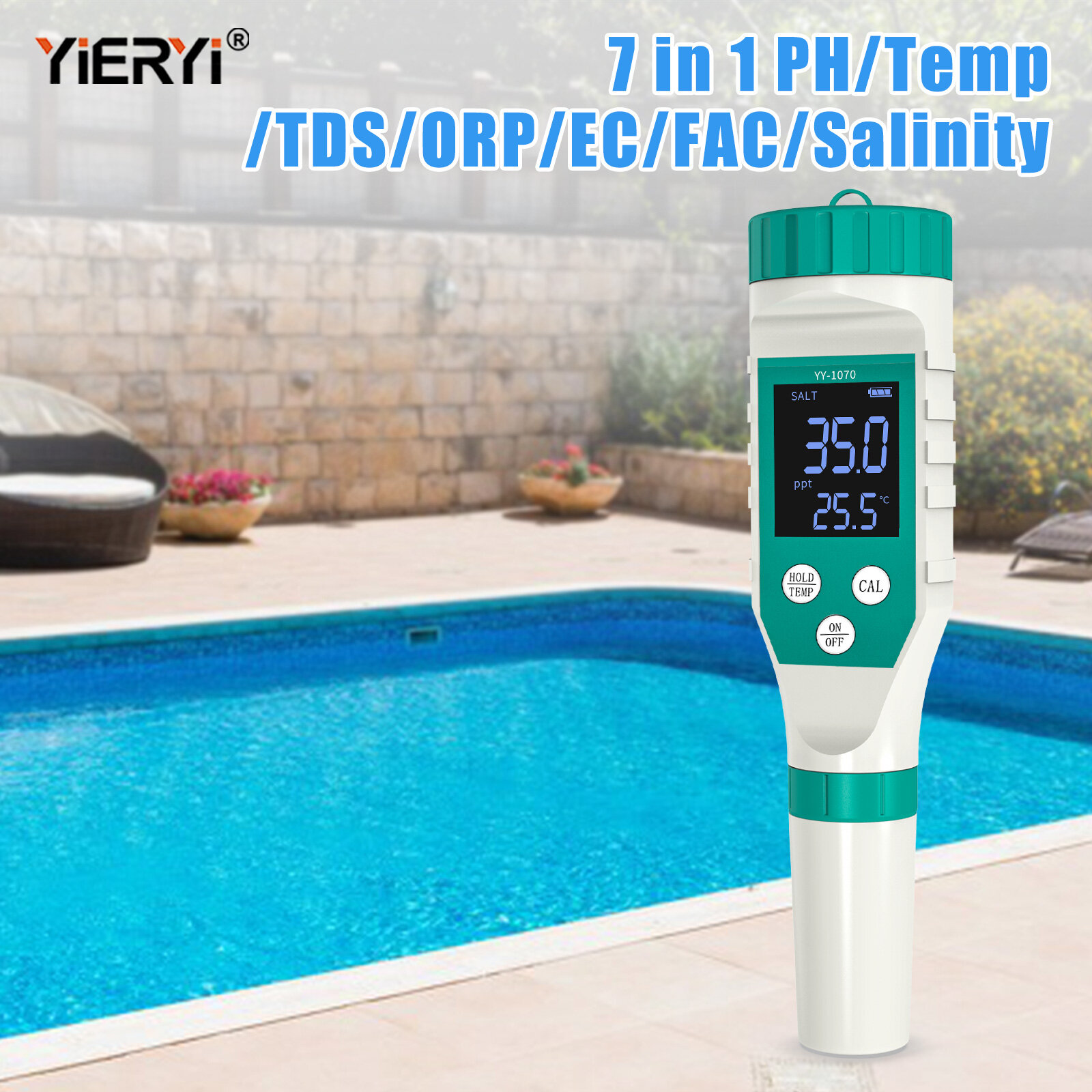 Yieryi Máy đo nồng độ muối clo nhiệt độ của nước 7 trong 1 EC/TDS/PH/SG/ORP/Temp kiểm tra chất lượng nước hồ bơi, hồ cá, nước uống, sinh hoạt, làm vườn, thủy canh, Spa