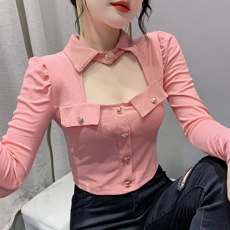 YIMEI Áo Ngắn Thời Trang Phong Cách Hàn Quốc Mới Thu Đông 2022 Áo Thun Nữ Trang Trí Nút Kim Loại Áo Thun Tay Dài Màu Đen Cho Nữ