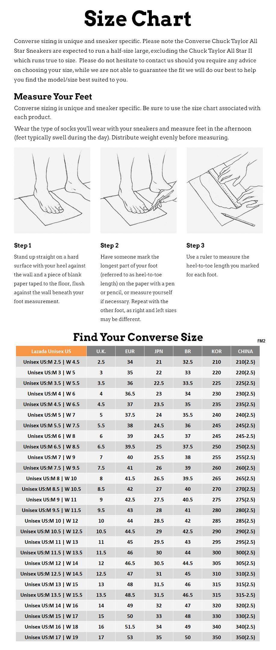 converse 70 size chart