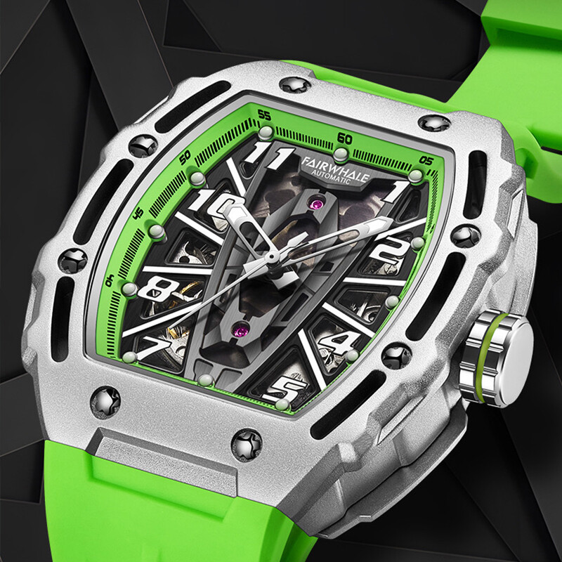 Mark Fairwhale Brand Automatic Watch for Men Fashion Tonneau Skeleton Mechanical Wristwatch Sport Casual Green Silicone Strap Waterproof Clock 2024 New