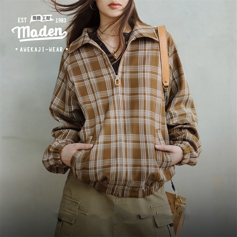 MADEN brand workwear style womens youth 2024 autumn new cool retro plaid jacket design sense contras