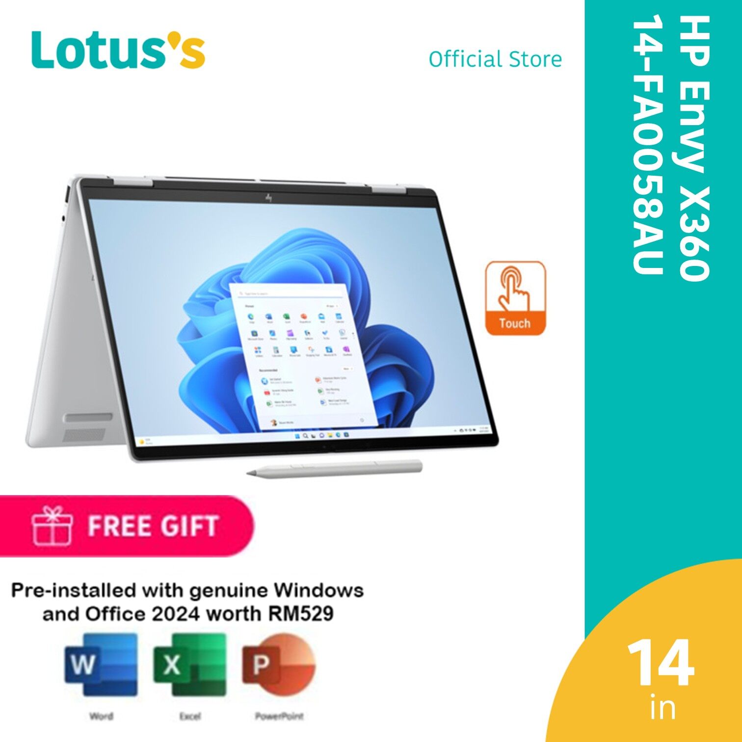 HP Envy X360 14-FA0058AU WUXGA Touch 2-In-1 Laptop Glacier Silver (R5-8640HS,16GB,512GB,14",W11,H&amp;S+M365)