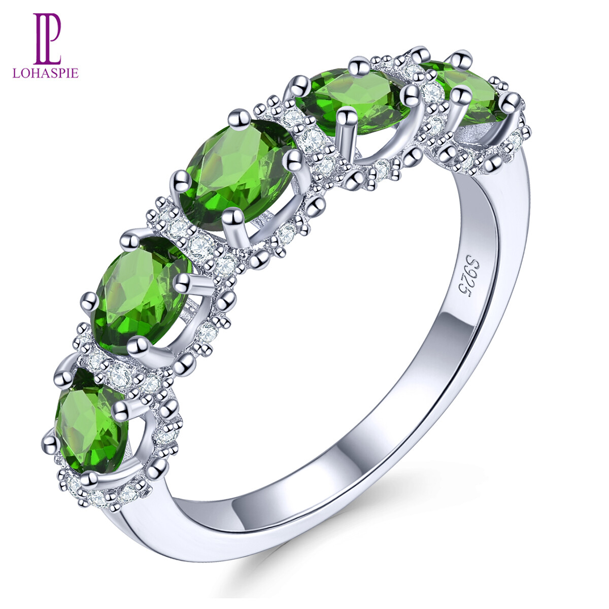 Lohaspie đồ trang sức bất 1.8 carats 925 bất sterling vòng tròn bạc màu xanh lá cây tự nhiên chrome diopside vòng 925 vòng tròn bạc với đá quý phụ nữ vòng với birthstone 925 trang sức bạc