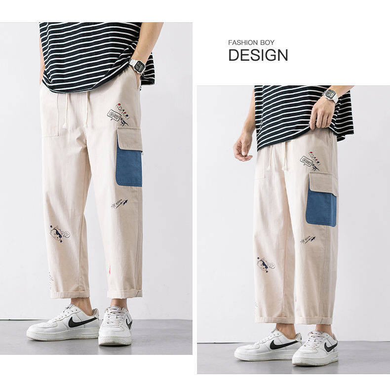 Pants men's summer loose student Korean style trendy all-matching work clothes cropped men's casual pants straight wide leg men's pants