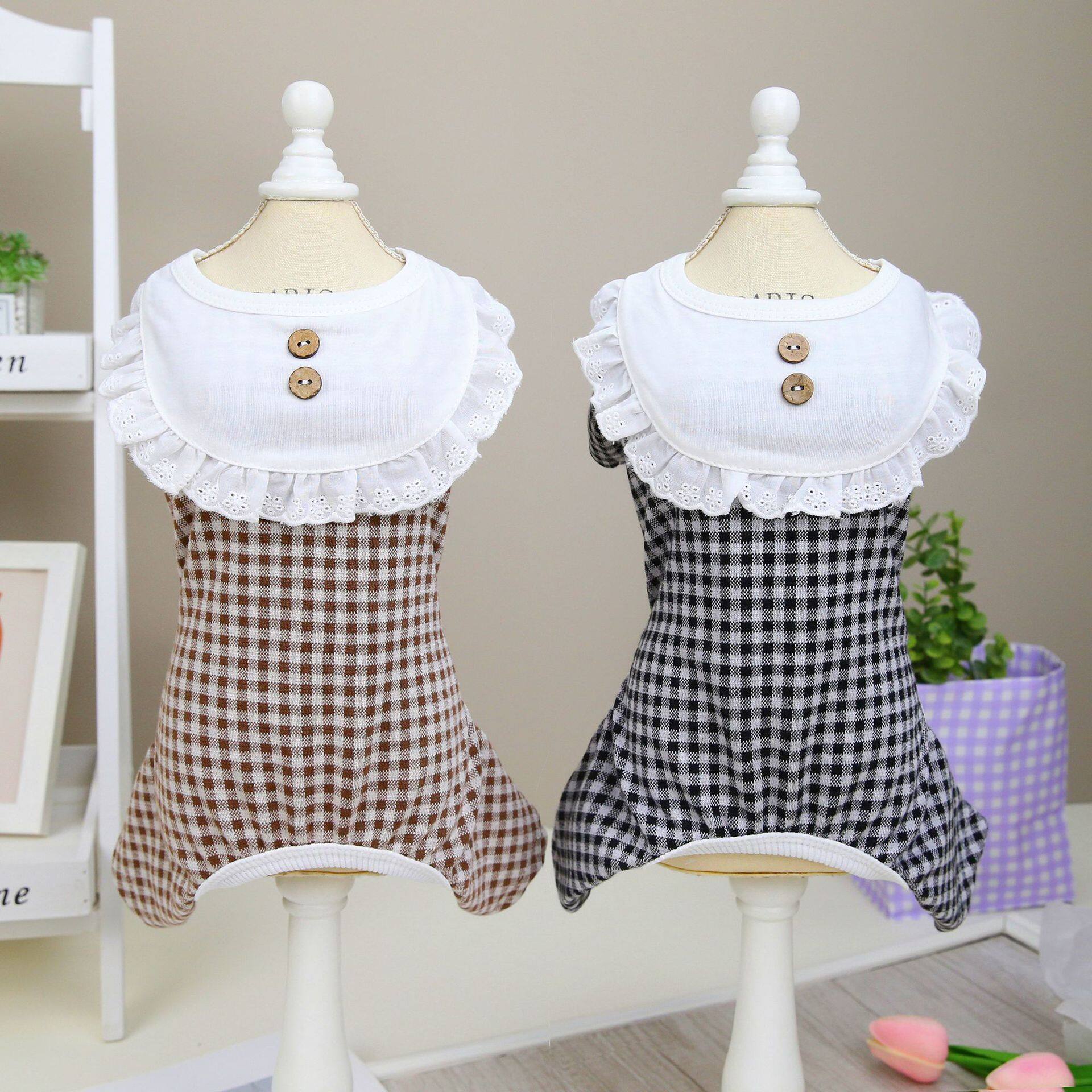 AuntieCindy Ins Style Pet Home Wearing Lace Lapel Lattice Four-legged Dog Outfit Korean Shihtzu Jumpsuit