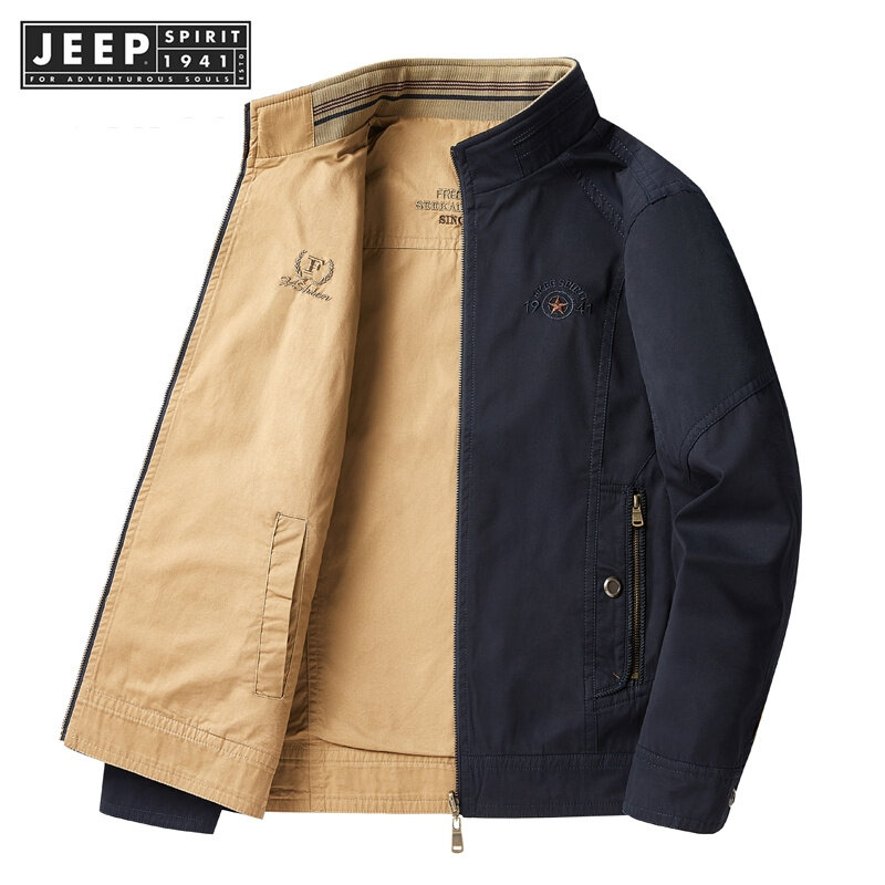 Jeep tinh thần 1941 estd hai mặt áo khoác áo khoác cho nam mùa thu trung niên Retro trưởng thành đứng lên Áo Cardigan Có Cổ lỏng lẻo hàng đầu