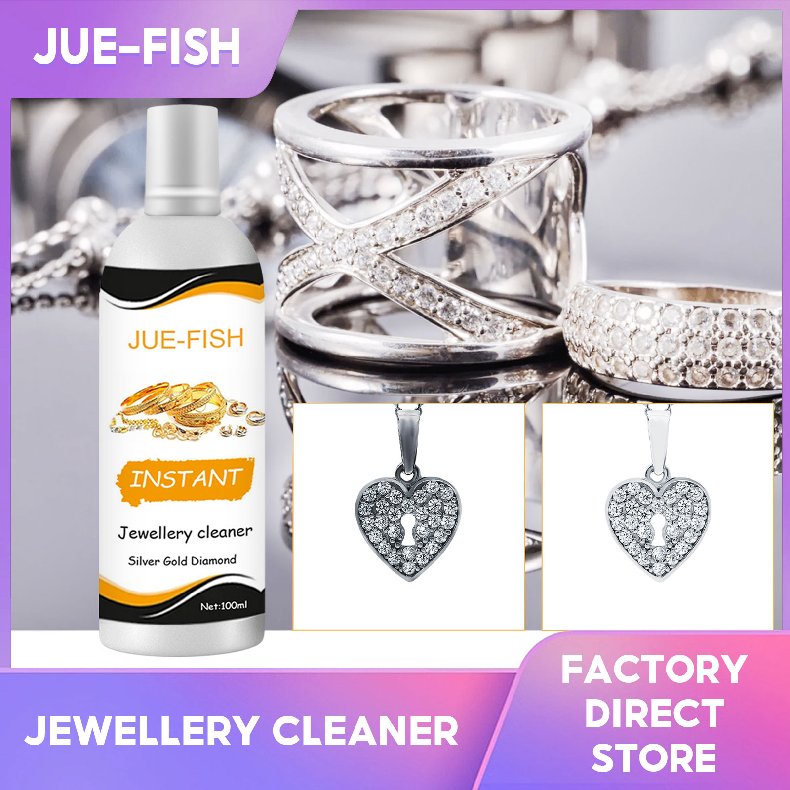 Jue-Fish Jewelry Cleaner Gold and Silver Cleaner Antique Silver Gold Brass Maintenance Jewelry Clean Anti-Tarnish Solution Tarnish Remover Stain-free Decontamination Solution Gold Watch Diamond Ring Cleaner (100ml) ราคา 151 บาท*ส่งฟรี