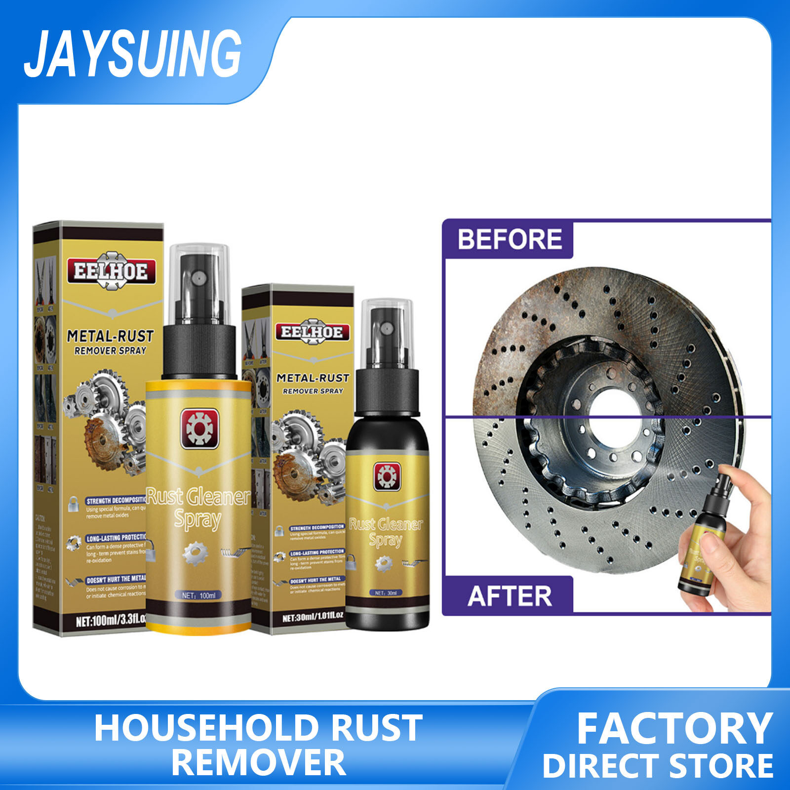 eelhoe 30/100ML Multifunctional Rust Remover Surface Polisher Rust Remover Car Maintenance Household Cleaning Tools Rust Inhibitor Car Rust Remover Spray Metal Chrome Paint Car Maintenance Iron Powder Cleaning Super Rust Remover Multi-Purpose ราคา 121 บาท*ส่งฟรี