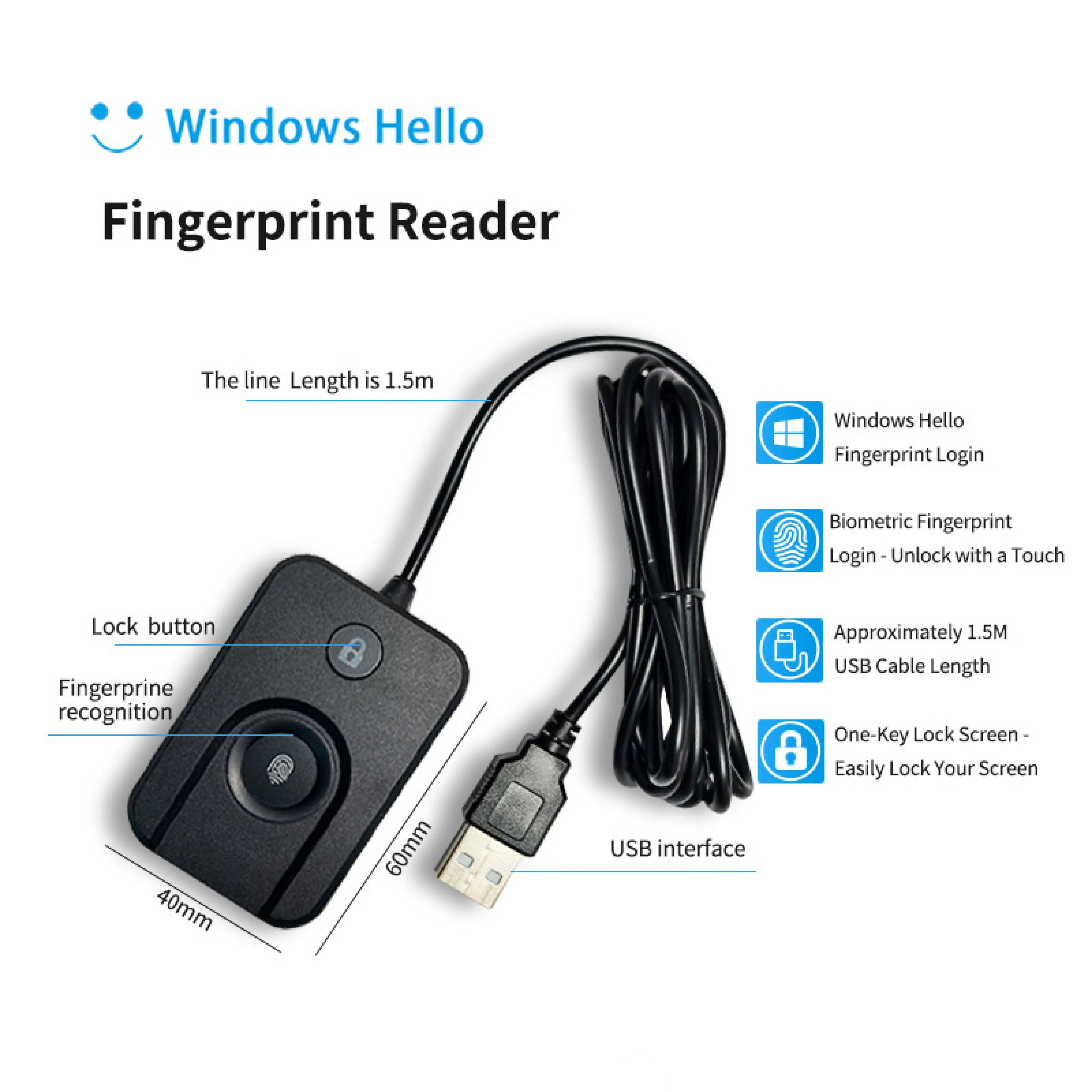 Boland USB Fingerprint Reader For Windows10/11 Windows Hello Plug-and-Play Automatic Driver Installation with 5ft Extension Cable-Windows Lock Screen Password Free Operation