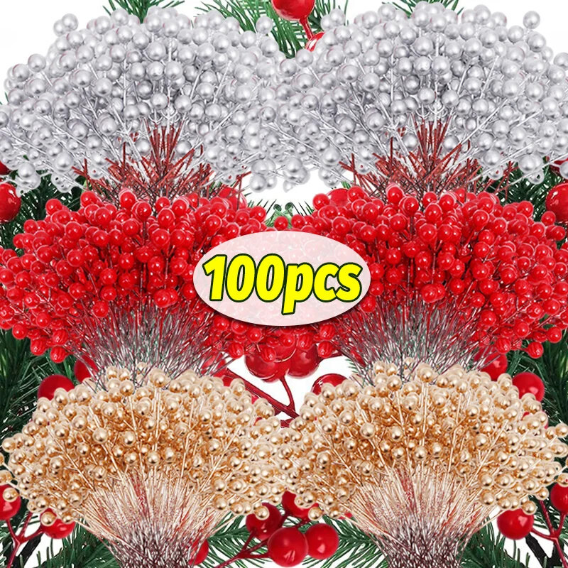  100Pcs quả mọng nhân tạo Chi Nhánh Cây Giáng Sinh Holly Quả Thân Cây Tự Làm Xmas Vòng Hoa đồ trang trí bàn Năm Mới Đảng Trang Trí Nội Thất 
