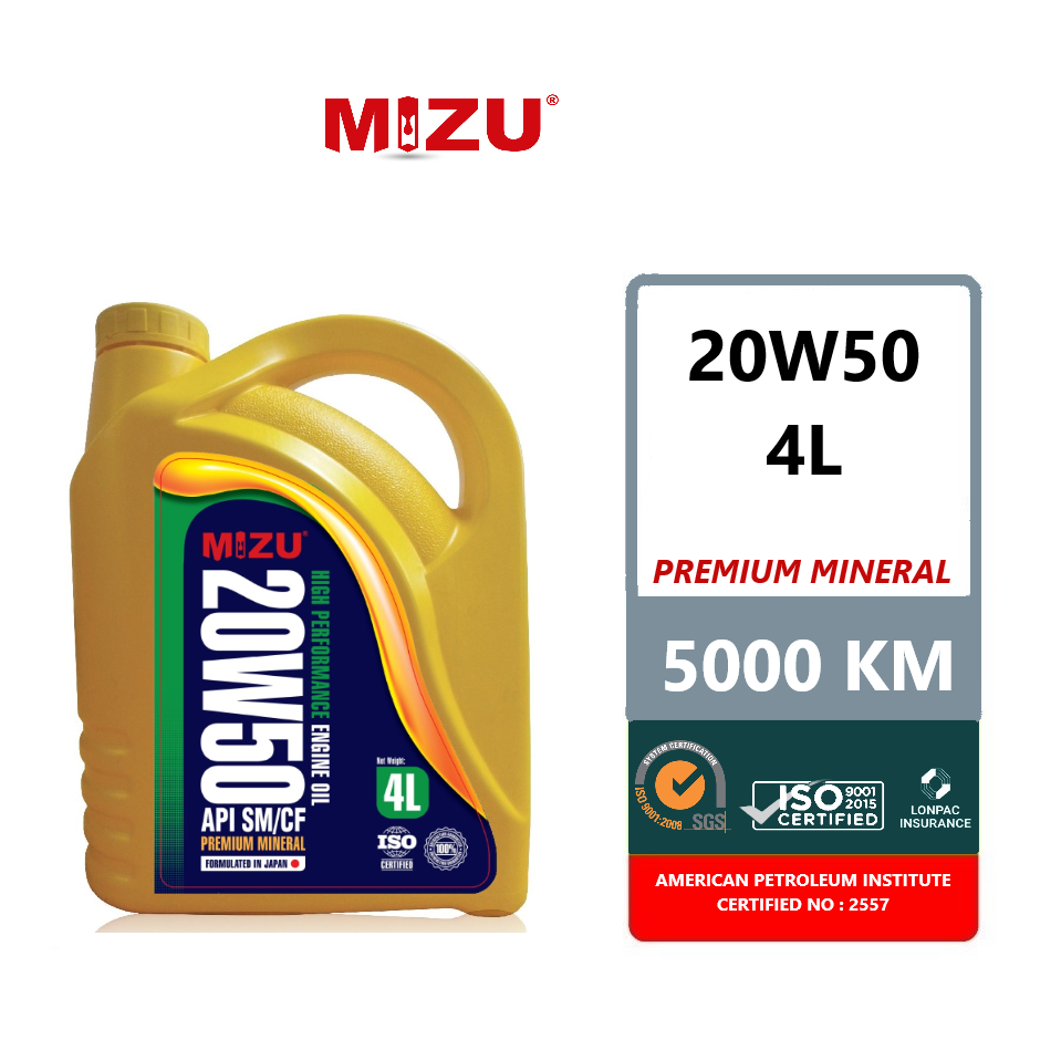 Free shipment Mizu Premium Mineral Lubricant 20W-50 Car Engine Oil 4 litres Limited Promotion Free mileage sticker 20w50 minyak hitam mr diy minyak pelincir tulen minyak kereta minyak
