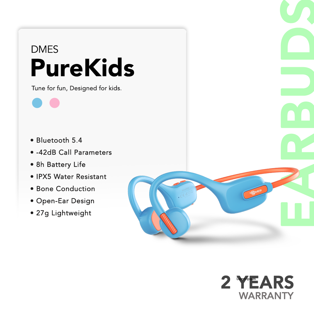 Dmes PureKids Bone Conduction Earbuds Bluetooth 5.4 Lightweight Fit IPX5 Waterproof 8H Battery Clear Call Mic