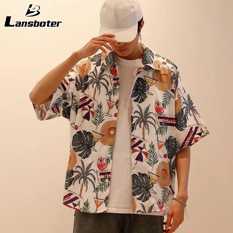 Lansboter Men's short sleeve shorts floral holiday beach Hawaiian shirt men's short sleeve loose couple vintage printed shirt ราคา 127 บาท*ส่งฟรี
