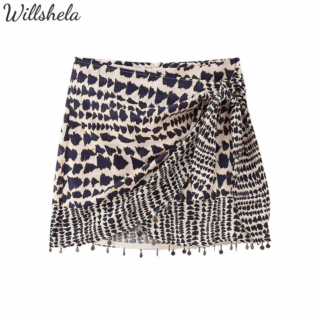 Willshela Women Fashion Printed Mini Salon Skirt High Waist With Bowknot Beaded Hem Female Chic Lady Casual Vintage Short Skirt
