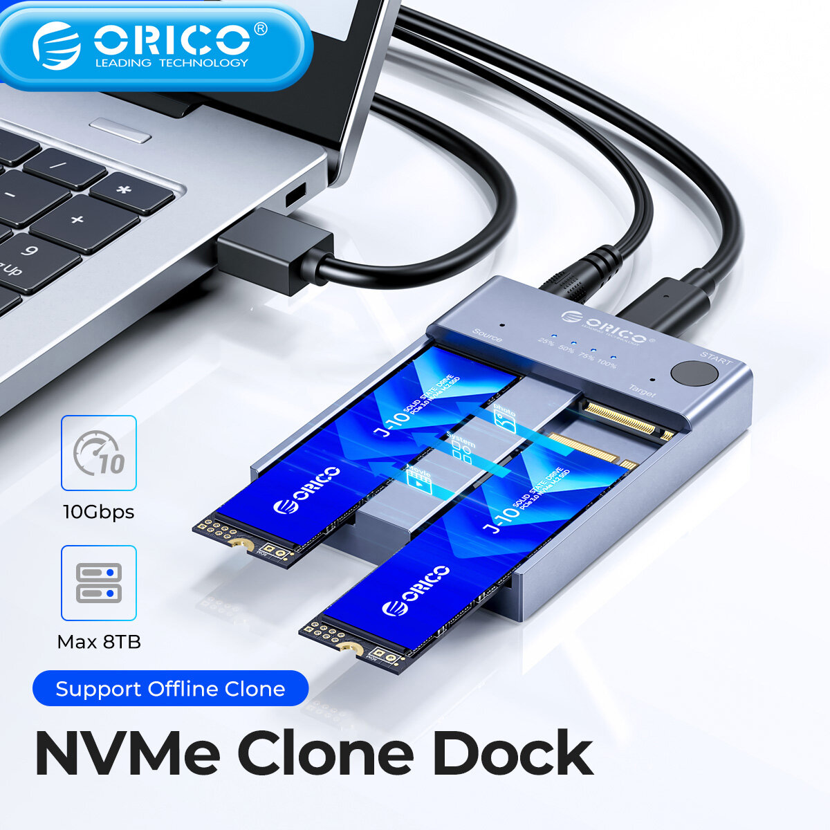 Dual bay orico m.2 nvme ssd bao vây ẩn clone usb c 3.1 gen2 10gbps nvme pcie đọc ổ cứng ssd
