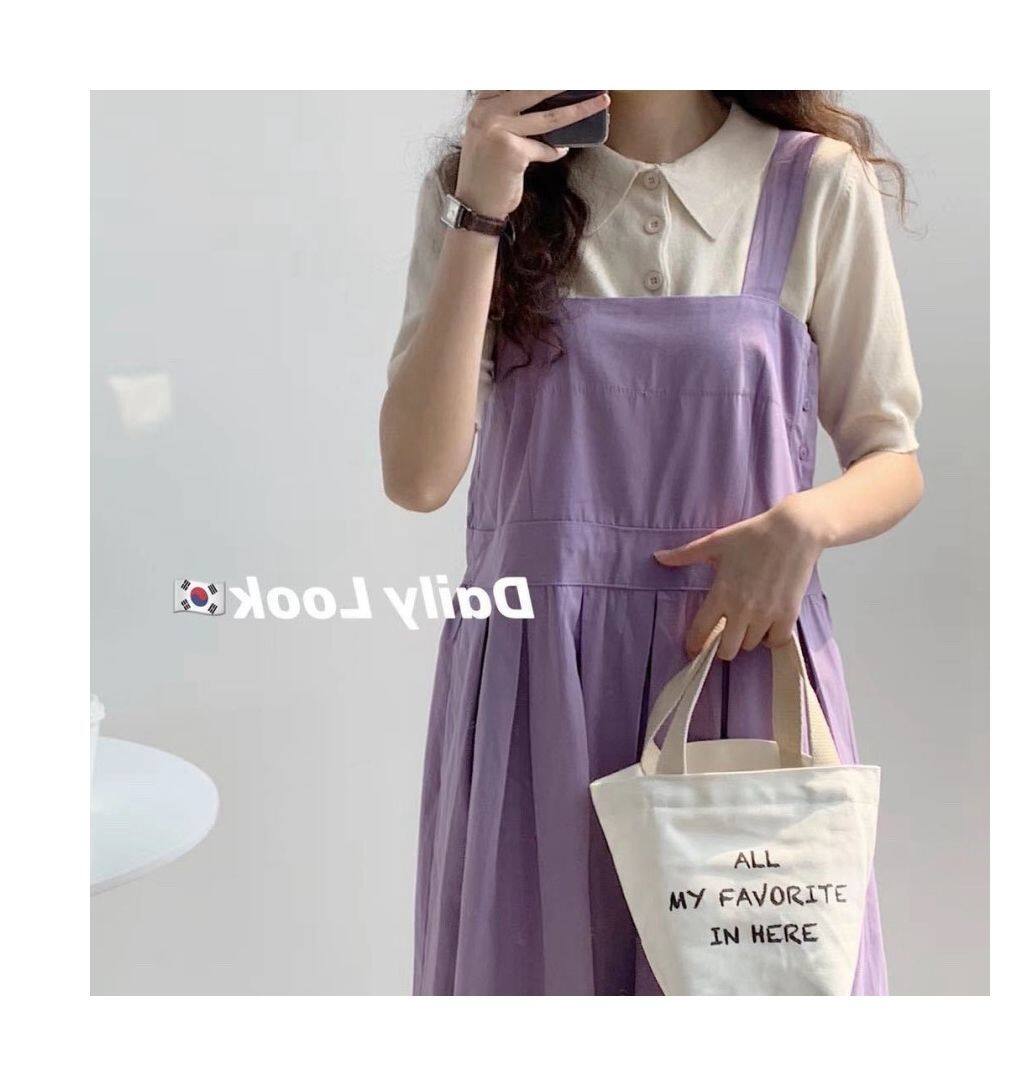 One-piece/suit summer new Korean style ins sweet purple suspender skirt + knitted T-shirt two-piece set for female students
