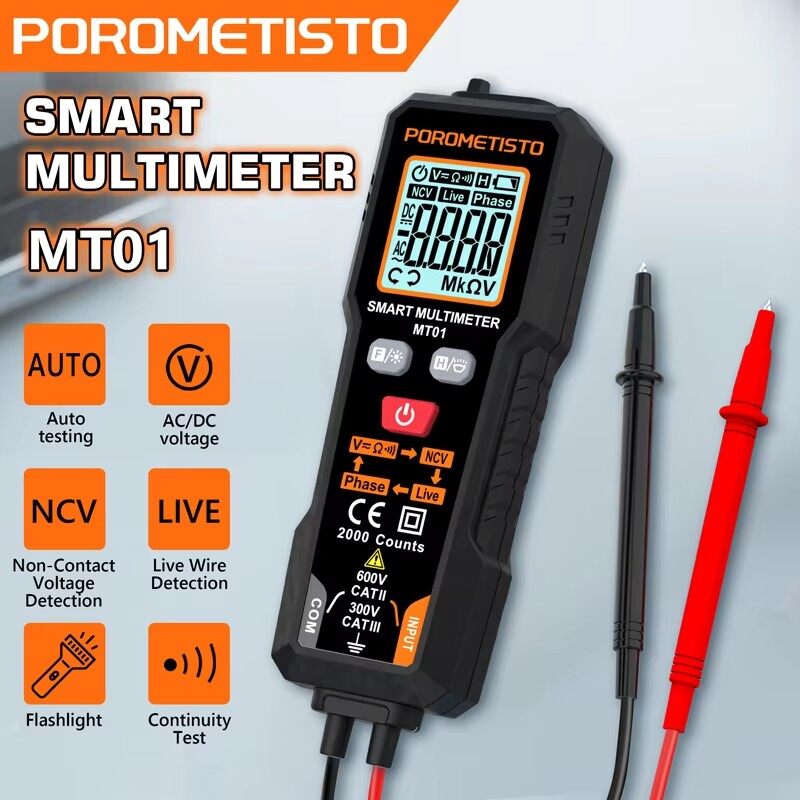  POROMETISTO MT01 Digital Multimeter True RMS & Non-Contact Voltage Detection Phase Tester for Electrical Wiring Car AC DIY HVAC Repair Auto Electrician Home Use 