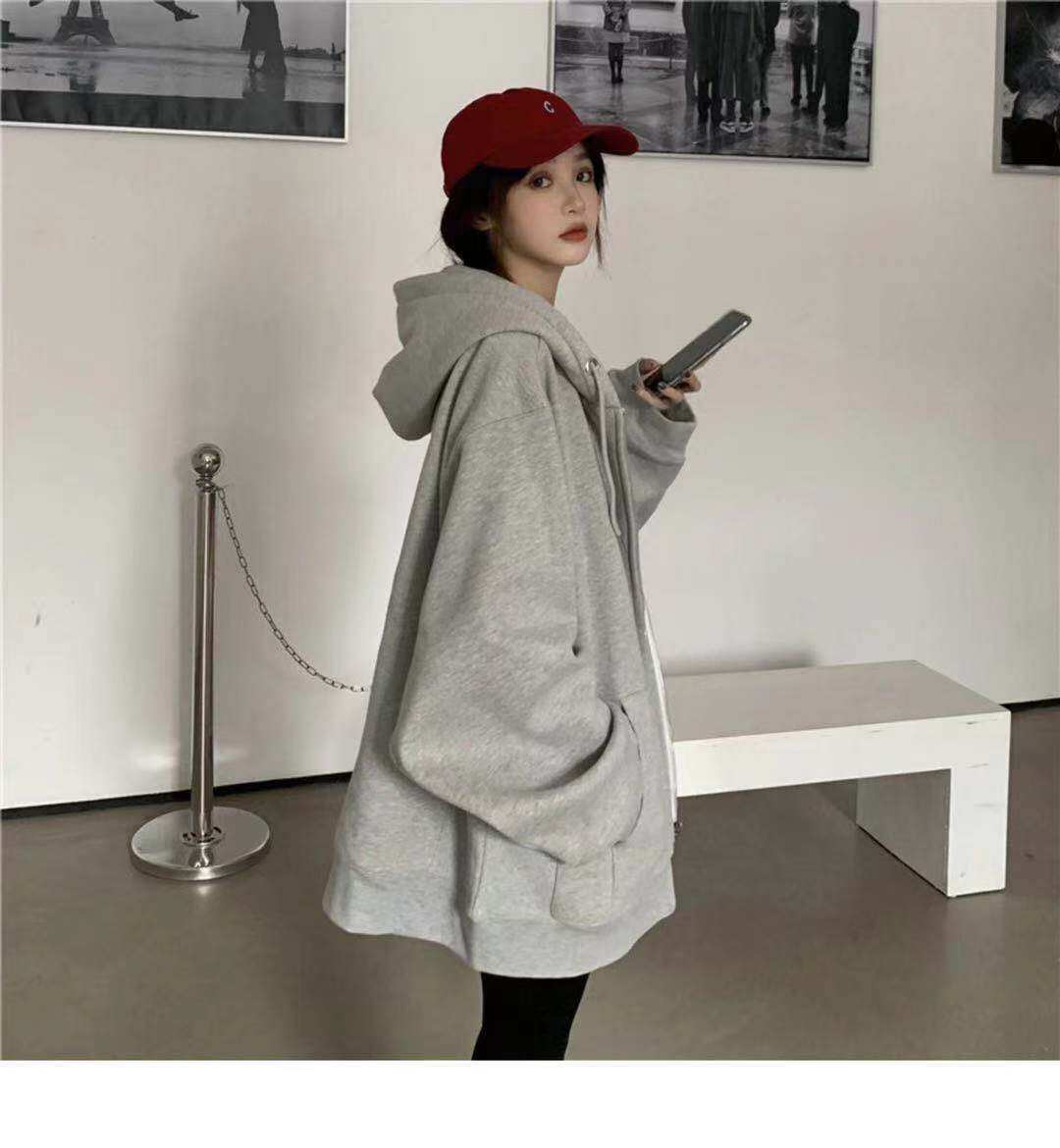 PWAE Hoodies Jacket for Women Korean Oversize Gray Hooded Sweater for Women Zipper Jacket Women's Ins Trend Tops for Women