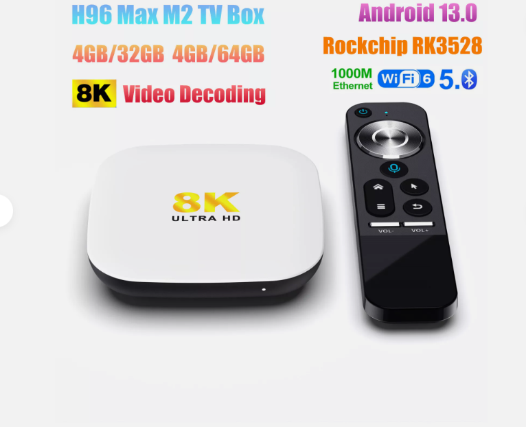   Hộp + từ xa  h96 max m2 android 13 tv box 4g 32g rk3528 wifi6 1000m h.265 4k hdr tv box h96 max m2 bộ giải mã tv thông minh android 13 rk3528 8k 1000m 5g wifi6 4g 32 với con quay hồi chuyển điều khiển từ xa bằng giọng nói HDR10 + Phương tiện truyền thông 