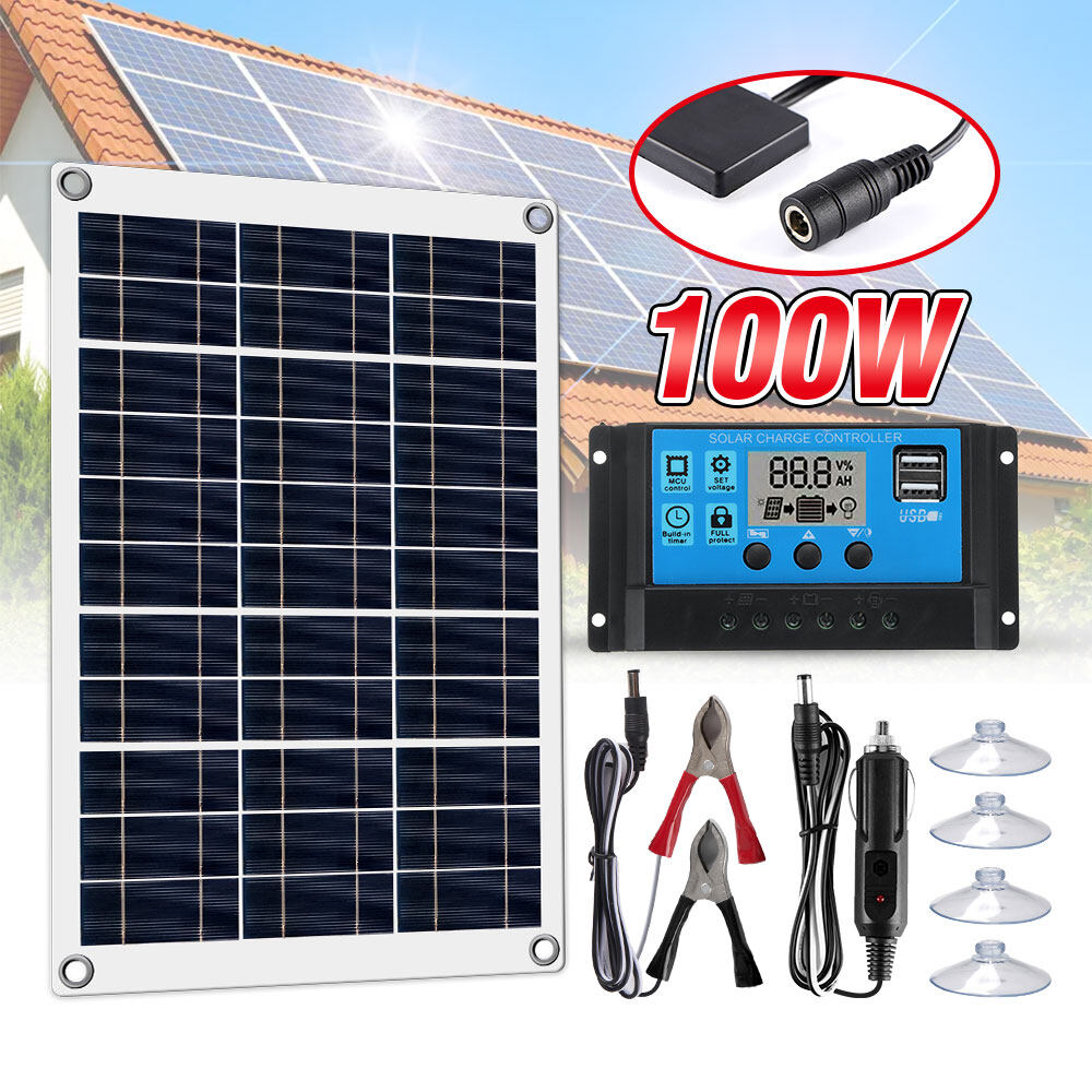 Solar Panel 12V with Battery Charger Usb 100W Polycrystalline Solar Panel System Full Set DC 12-18V Double Usb With 10-100A PWM Controller Solar Cells Monocrystalline for Car Yacht RV Boat Moblie Phone Battery Charger
