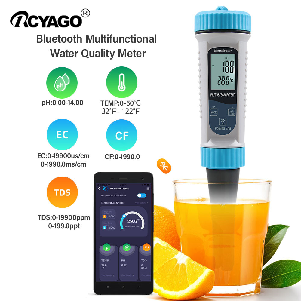 Rcyago 5-trong-1 bluetooth ph/tds/ec/cf/temp đa chức năng nước và đất detector ph ph tds meter độ mặn hồ bơi văn hóa hydroponics bút kiểm tra
