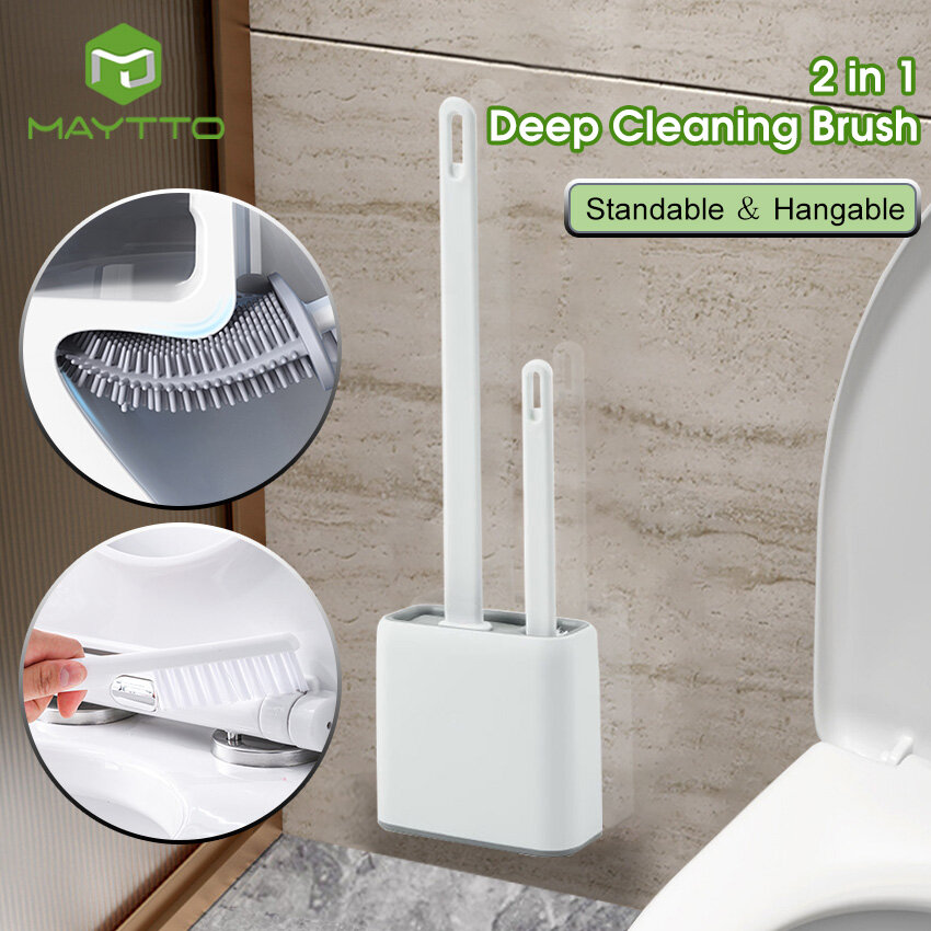Maytto bàn chải nhà vệ sinh dụng cụ làm sạch góc không chết 360 ° bàn chải bồn cầu linh hoạt bàn chải bồn cầu tay cầm dài bằng silicon dụng cụ nhà vệ sinh gắn tường gia dụng có giá đỡ cho phòng tắm nhà bếp bồn rửa bồn tắm làm sạch khe hở