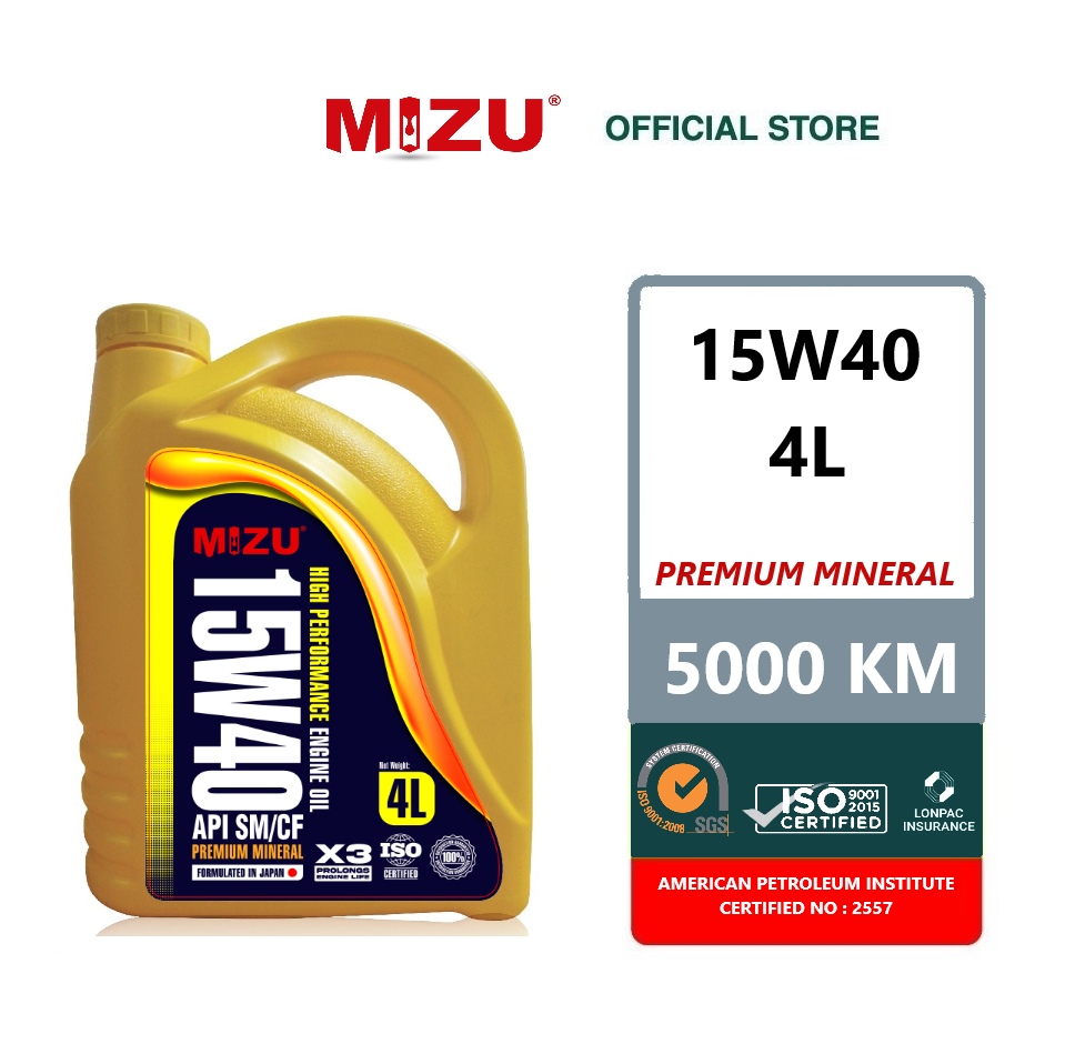 New Product Mizu Premium Mineral Lubricant 15W-40 Car Engine Oil 4 litres Limited Promotion with Free 1 piece MIZU mileage sticker 15w40 minyak hitam minyak pelincir tulen minyak kereta minyak engin minyak mineral terbaik