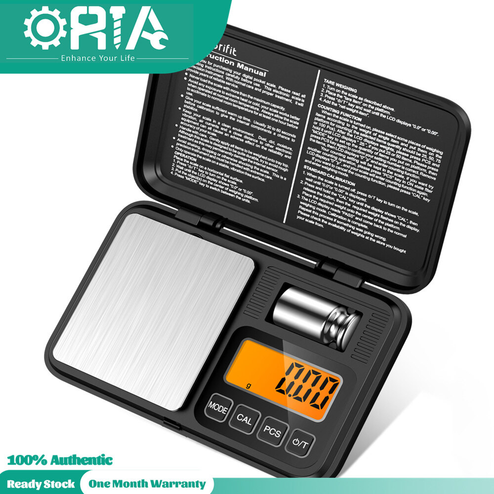 Oria cân kỹ thuật số cân nhà bếp 200g độ chính xác cao trọng lượng tối đa 0.01g cân bỏ túi mini với trọng lượng hiệu chuẩn, 6 chiếc, chức năng bao bì, thép không gỉ