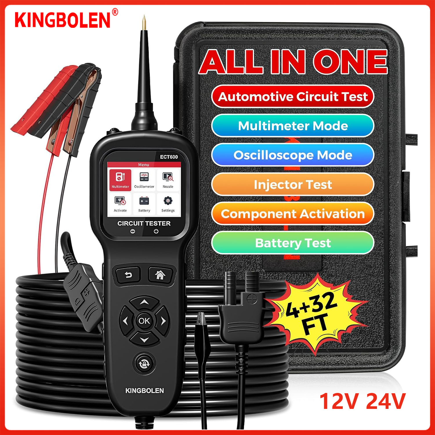 KINGBOLEN ECT600 Automotive Power Circuit Probe Tester with Battery/Relay/Fuel Inject Test, 12-24V Electrical Short/Open Circuit Finder, AC/DC Voltage,Component Activation, Oscilloscope Display,36FT ราคา 3,348 บาท*ส่งฟรี