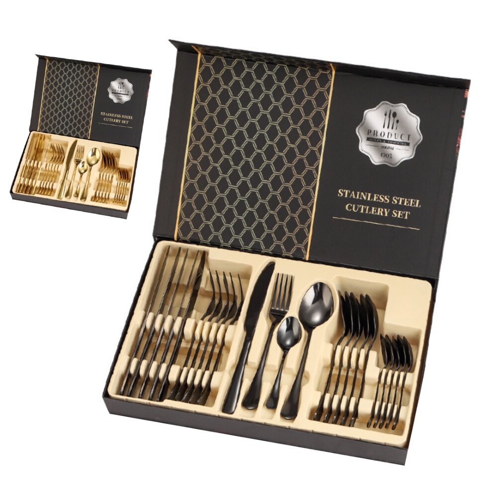 Gambar 24Pcs Cutlery Set Stainless Steel Dinnerware Set Knife Fork Spoon Dinner Set Kitchen