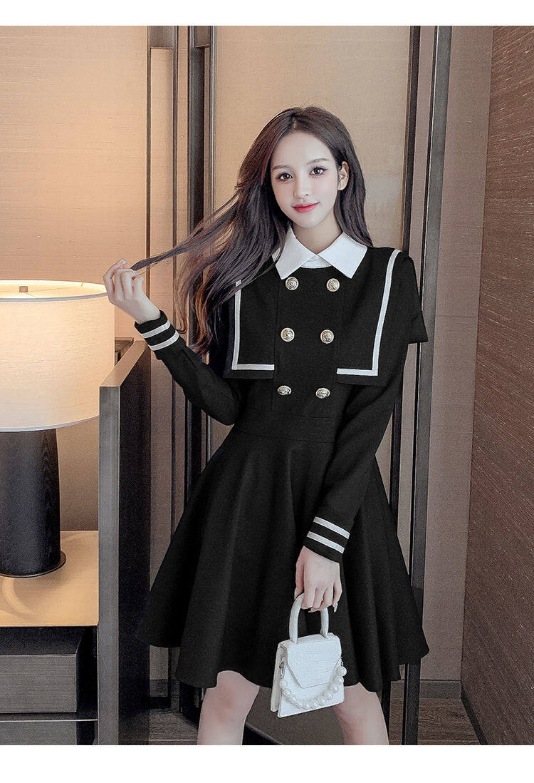 Navy style dress for women 2021 Spring and Autumn new small waist-tight temperament contrast color college style long sleeve A- line dress