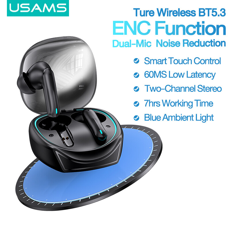 Usams tai nghe không dây enc tai nghe ture bluetooth 5.3 hai mic giảm tiếng ồn chống nước ipx6 60ms độ trễ thấp cho trò chơi di động/lớp học trực tuyến, tai nghe điều khiển cảm ứng samrt họp