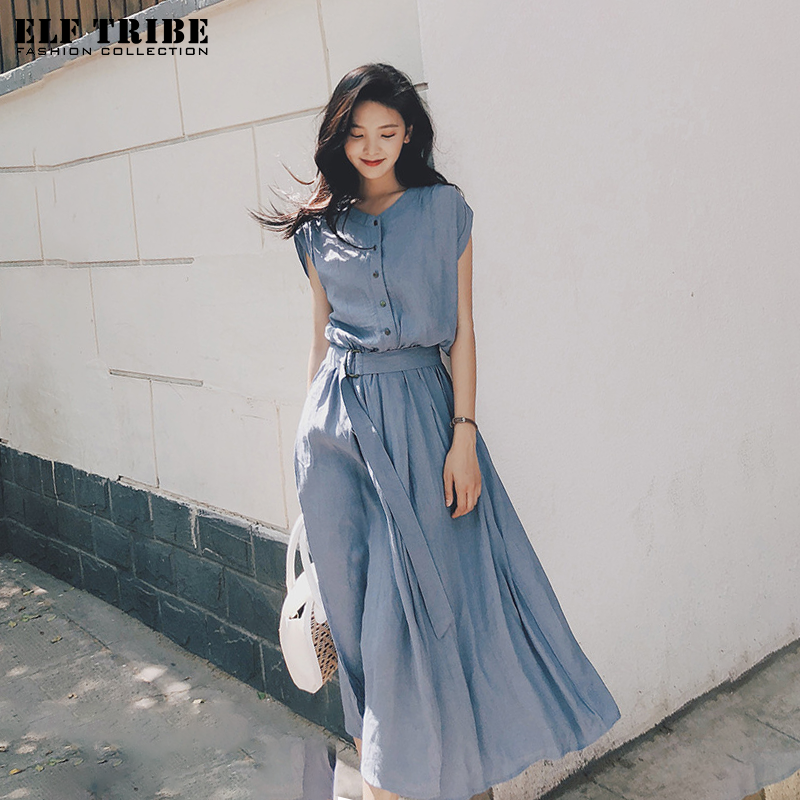 Elf tribe đầm midi voan ngắn tay có thắt nút phong cách hàn quốc cho nữ