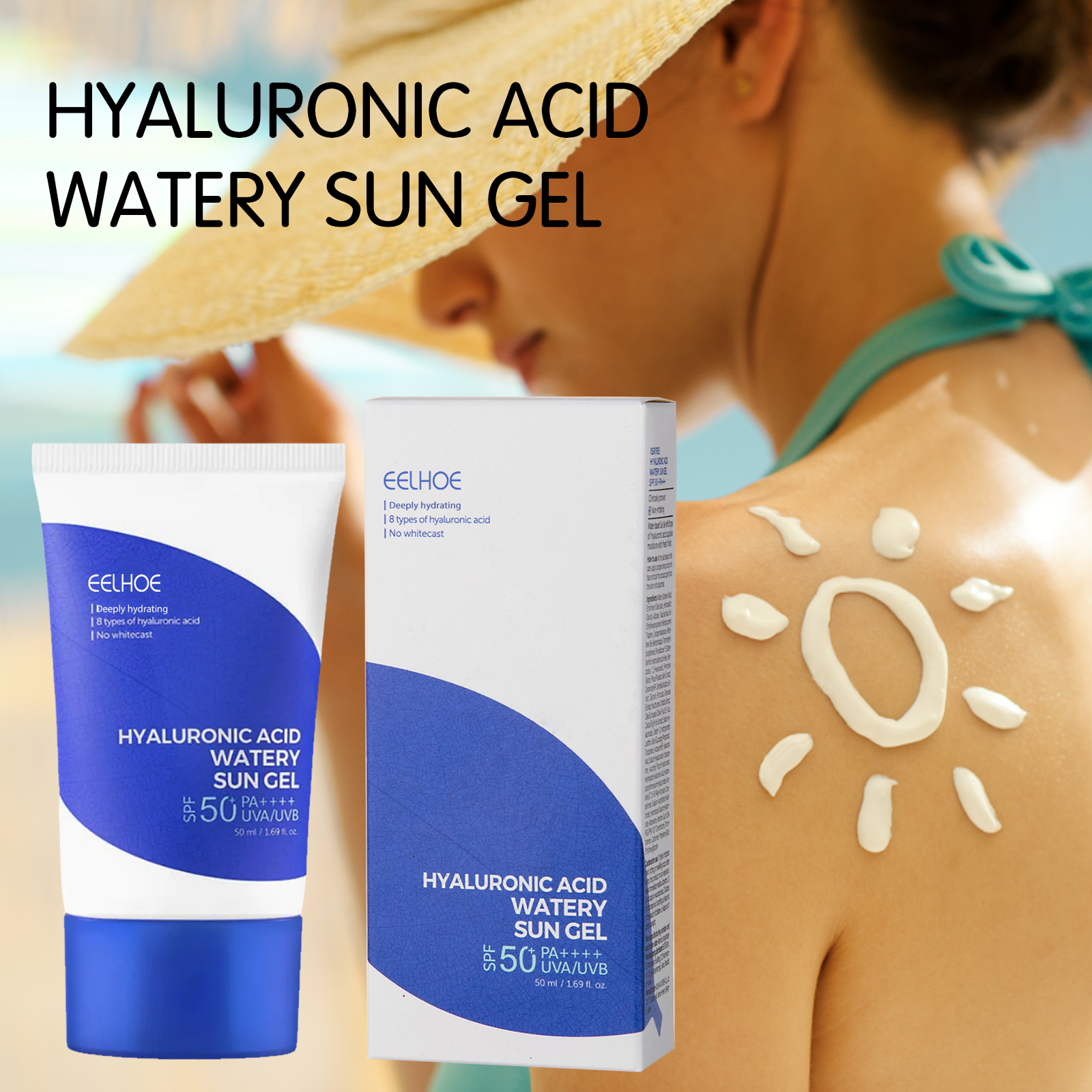 Eelhoe Hyaluronic Acid Hydrating Sunscreen Gel Waterproof Outdoor Protection Against UV Ray Nourishing And Refreshing Non-Sticky Cream Long Lasting Moisturizing Isolation Lotion Oil Control Whitening Sun Cream